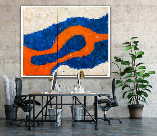 Orange Cerulean Eye - Acrylic Abstract Painting 60" w x 48"h Diptych