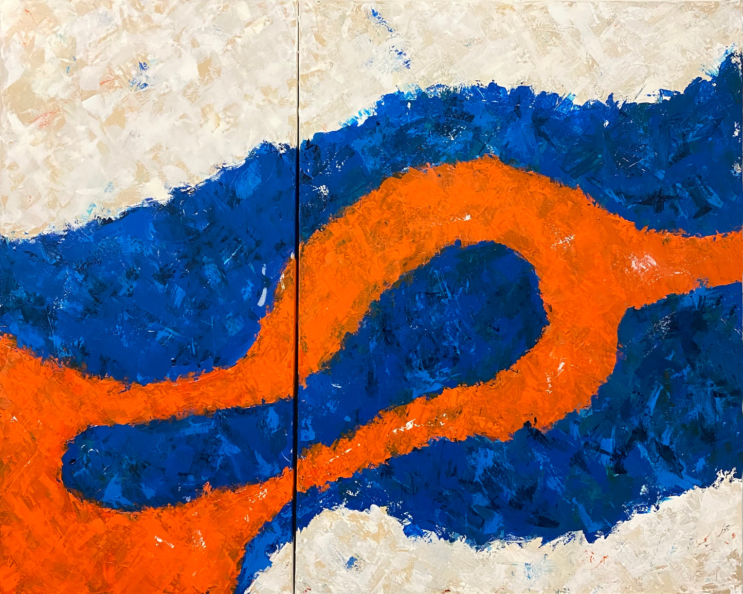 Orange Cerulean Eye - Acrylic Abstract Painting 60" w x 48"h Diptych